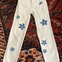 Pacsun Jeans Womens 24 White Denim Dad Flower Embroidered Button Fly 