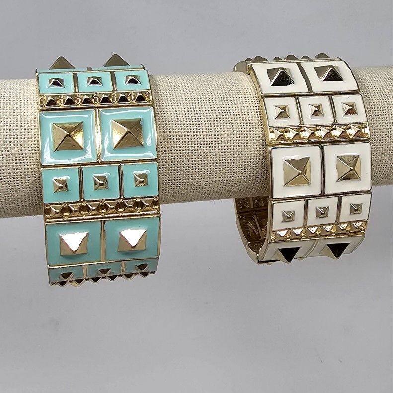2pc Wide Tribal Bracelets Aztec Turquoise Blue Ivory