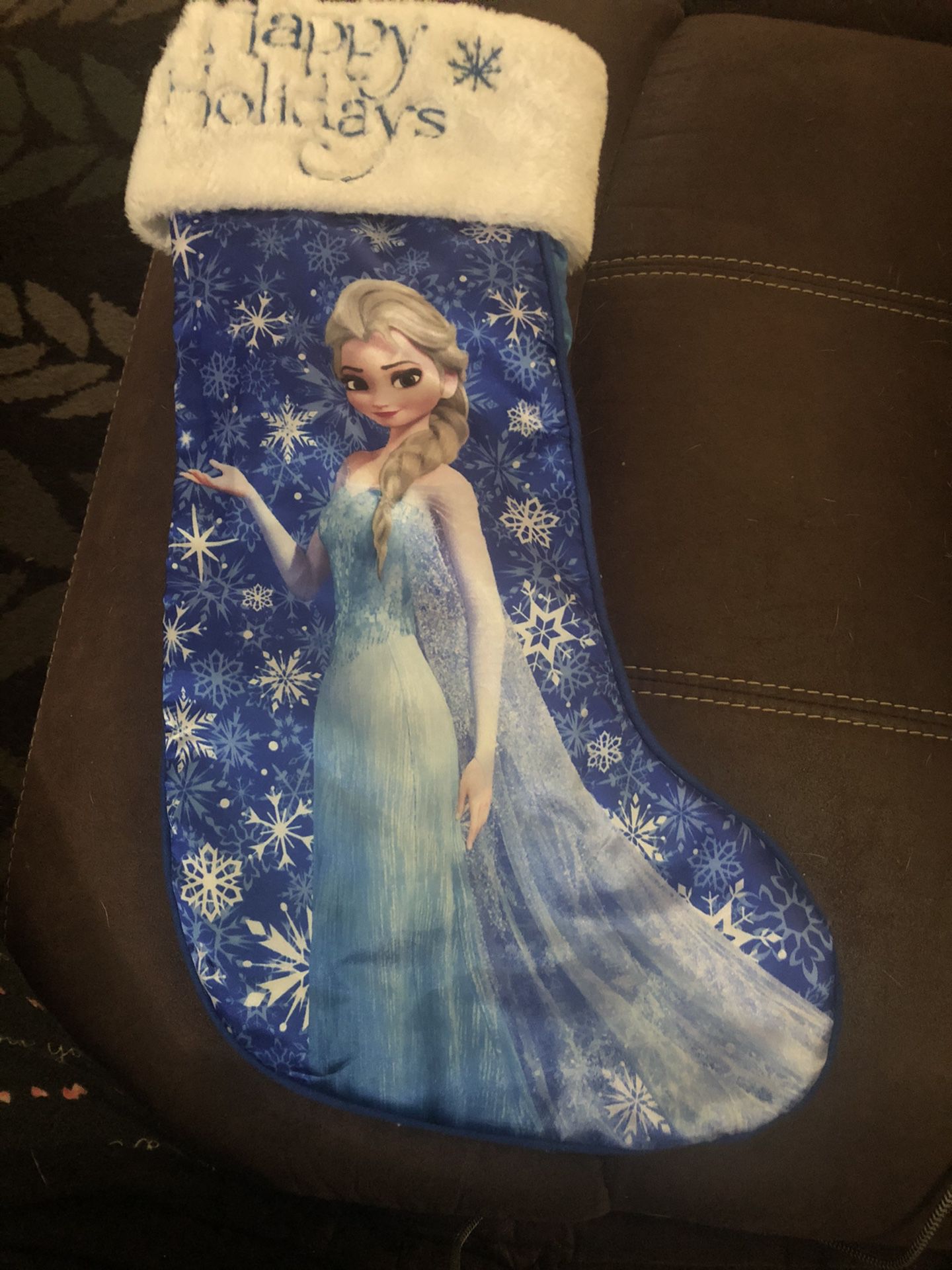 Frozen Elsa Christmas Stocking Disney Princess Satin Faux Fur "Happy Holidays"