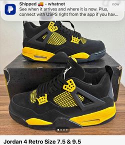 These are Air Jordan 4 Retro "Thunder" (Black / Tour Yellow), New In Box 8.5