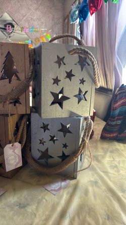 Wooden Star Cutout Lantern with Rope Handle