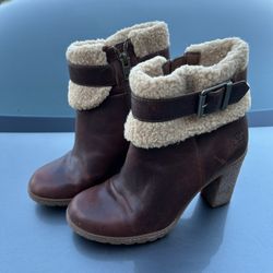 Timberland Women's 6.5 Glancy Teddy Fleece Fold Down Boots Brown Leather