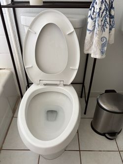Used toilet, in good condition. No cracks or chips. Elongated bowl.   Ceramic vanity sink. Used, but in good condition. No cracks or chips.