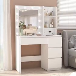 ✨ White Vanity With Lighted Mirror & Shelves – Already Assembled! ✨