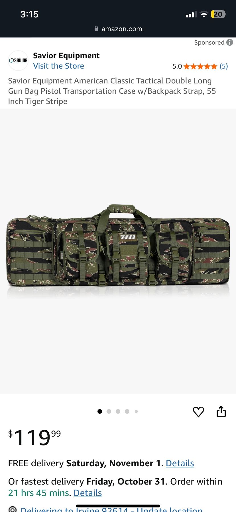 Savior Equipment American Classic Tactical Double Long Gun Bag Pistol Transportation Case w/Backpack Strap, 55 Inch Tiger Stripe