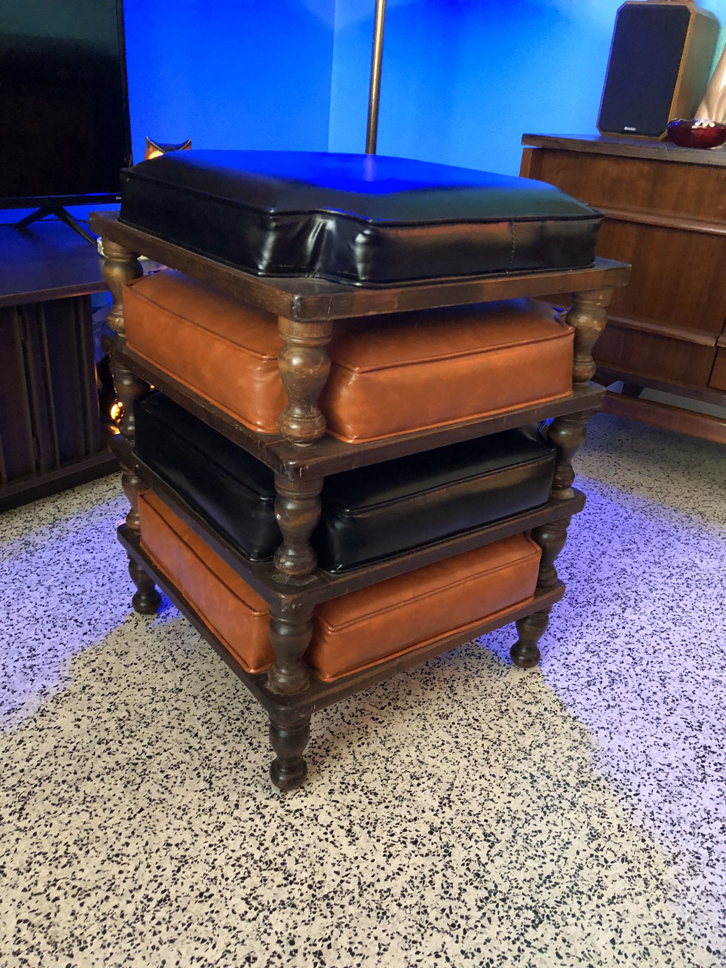 Vintage 60’-70’ s Set Of 4 StackableWood Stools With Vinyl Cushions.