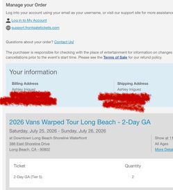 (2) VANS WARPED TOUR LONG BEACH GA TICKETS
