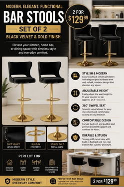 Black Velvet & Gold Bar Stools Set of 2
