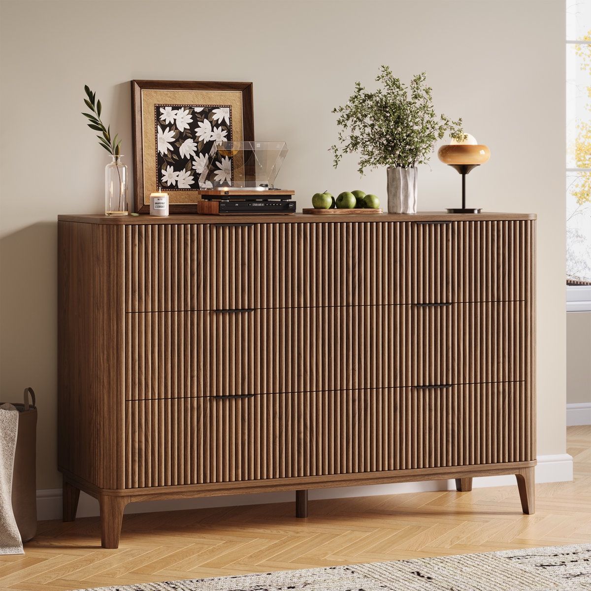 Fluted 6 Drawers Dresser, 54" Wide Modern Chest of Drawers with Faux Marble Top, Curved Profile Design, Dresser TV Stand, Wood Drawer Organizer for Be