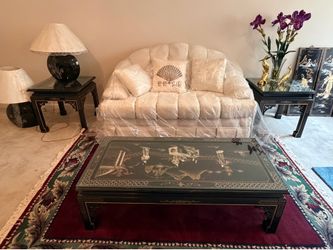 Loveseat, tables, lamps