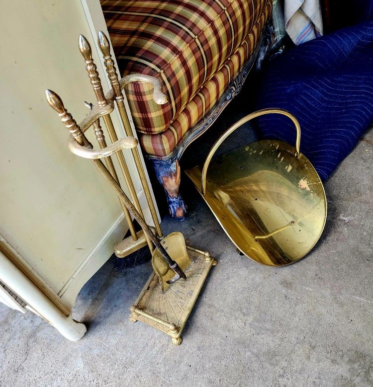 Brass Fireplace Set With Tools And Wood Carrier