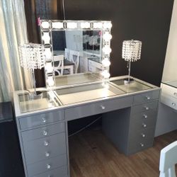 Brand New Vanity Set  13 Drawers Top 3 Drawers Deeper Smooth Rails Silver Color Tempered Glass 56 x 23 1/2 x 31H Hollywood Mirror  LED Ligh Builbs 14 