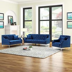 Brand New Blue Velvet 3pc Living Room Set