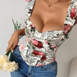 Women's Floral & Letter Print Lace Up Backless Sweetheart Neck Ruffle Trim Bustier