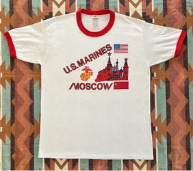 VTG 70’s 80’s U.S. Marines Moscow Graphic Ringer T-Shirt Velva Sheen Made in USA