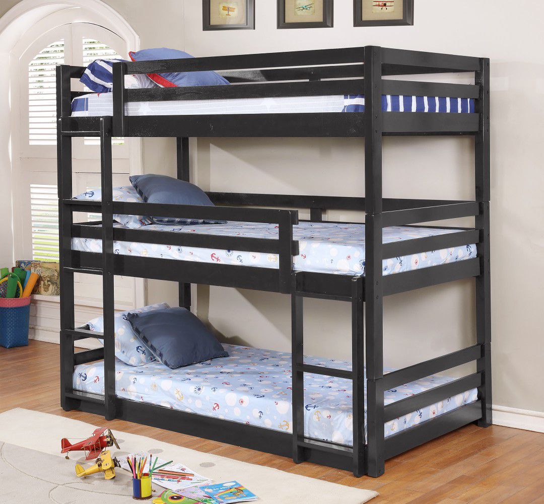 Brand New, Triple twin bunk bed in charcoal finish with mattresses included