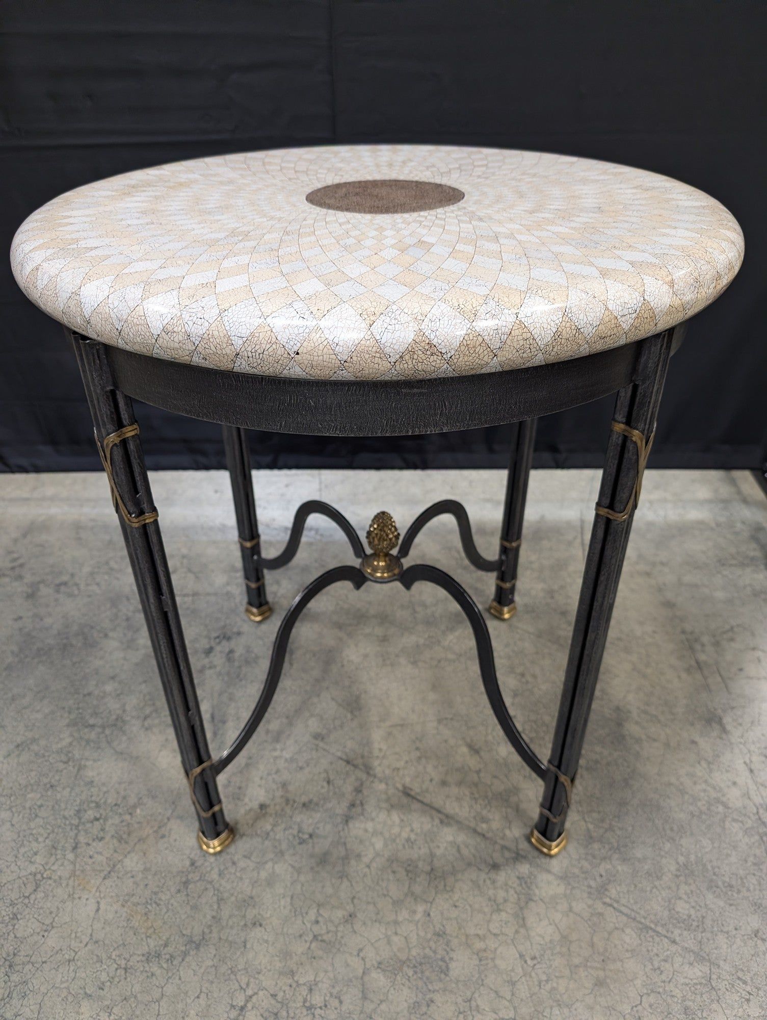 Handmade Geometric Inlay Accent Table with Wrought Iron Base