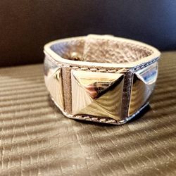 Michael Kors Snap Bracelet Silver Chunky Leather Wrap Rectangle Metal 7-8 Inches