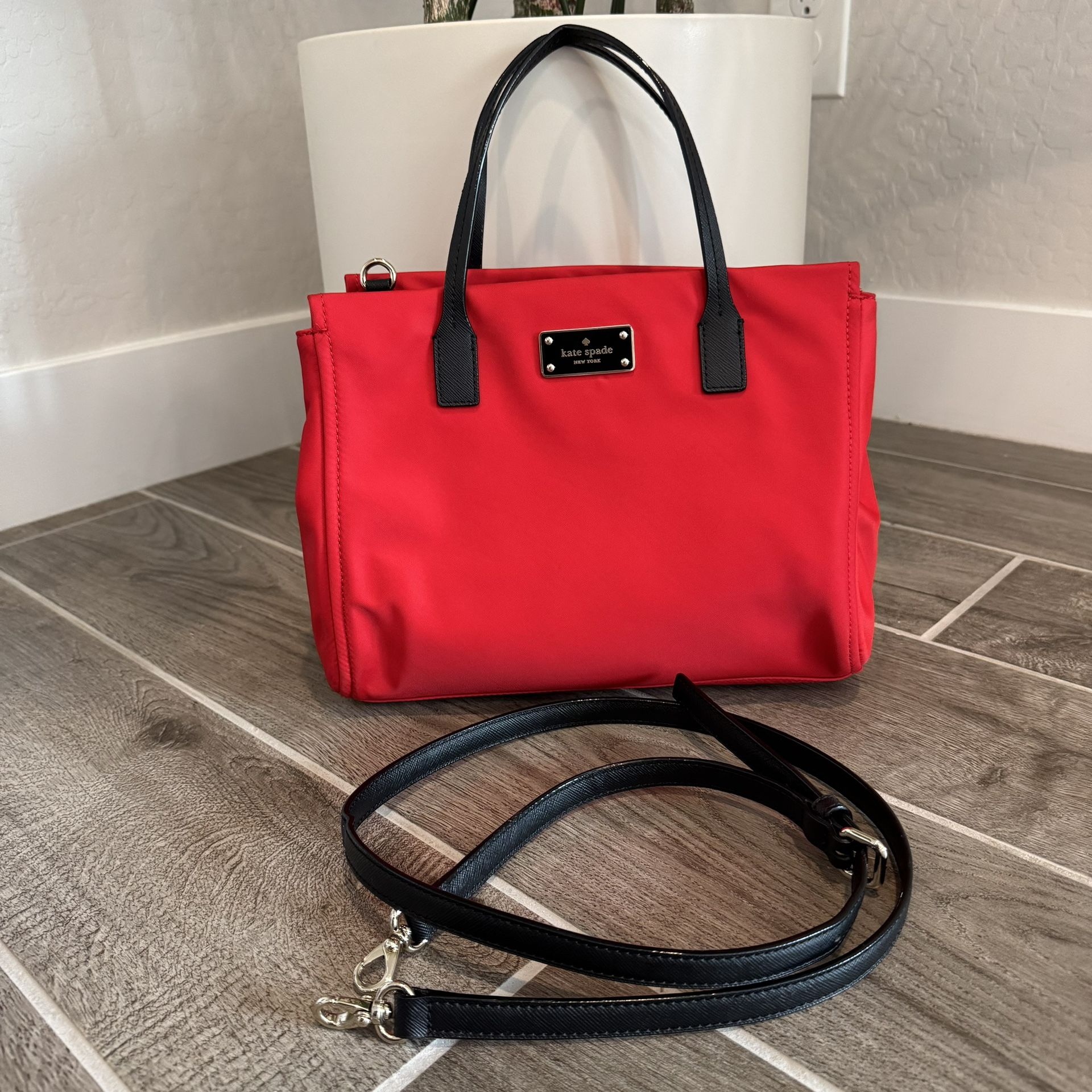 Kate Spade Nylon Red & Black Satchel With Crossbody Strap