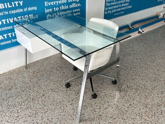 Desk: glass, chrome, white lacquer drawer