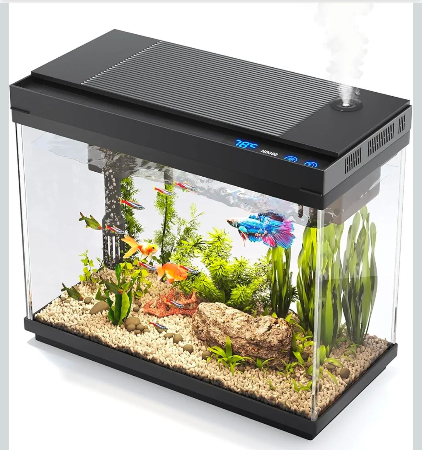 2.4 Gallon Fish Aquarium, Fish Tank Starter kit with Smart Humidifier, Temperature Display, 7-Color Lighting,