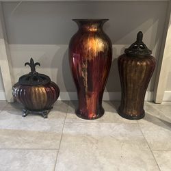 Antique Lot of 3 Glass Vases and Jars, with a distinct textured red and gold finish