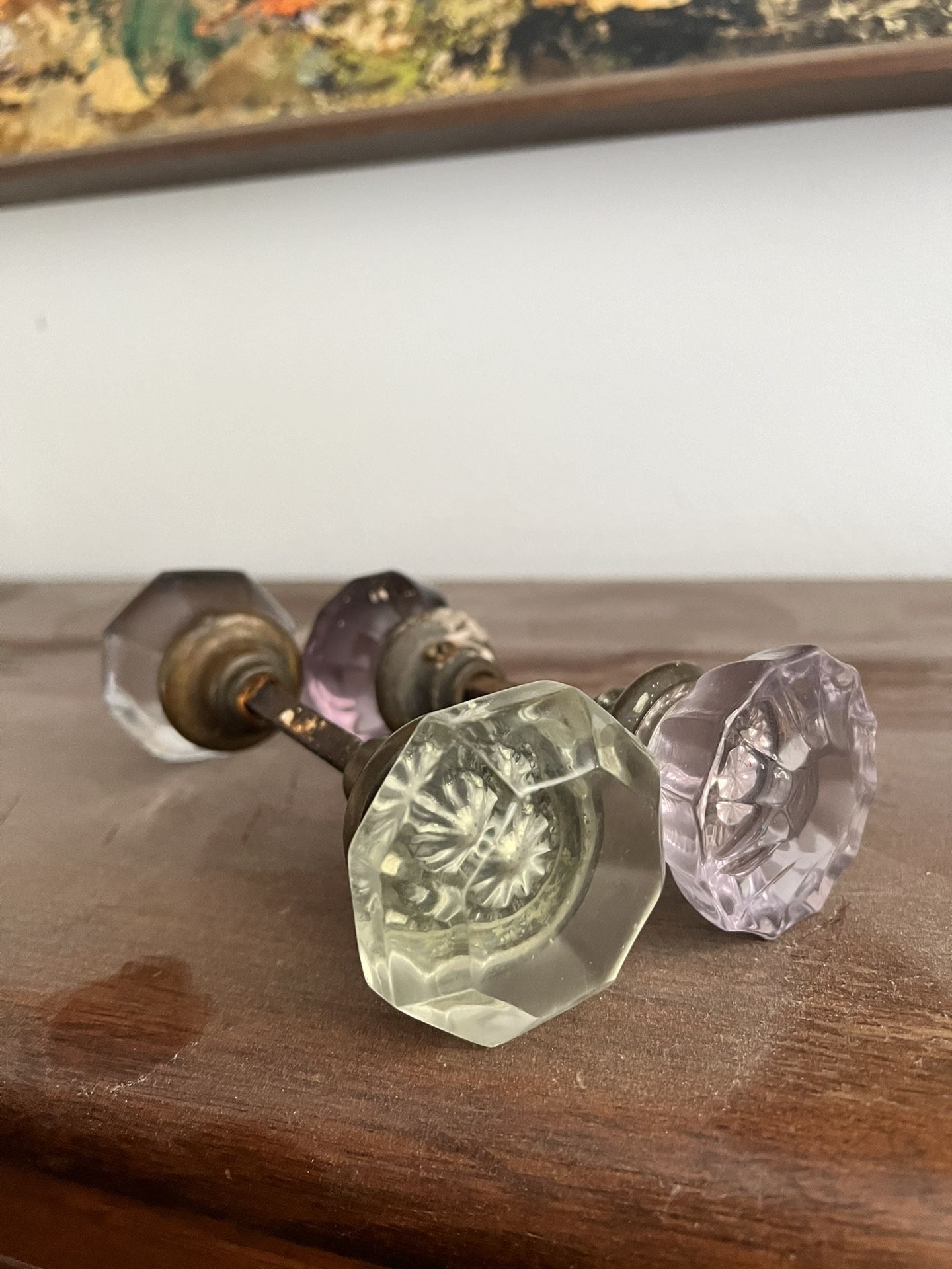 Pair Of  Vintage Antique GlassDoor Knobs Purple Green Clear Brass