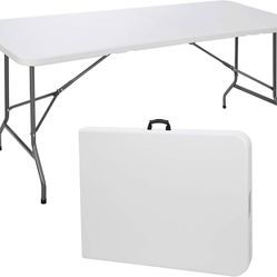 6ft Folding Table, Portable Picnic Table, Plastic Table for Indoor Outdoor Picnic, Party, Camping, Heavy Duty Fold-up Table with Handle, White
