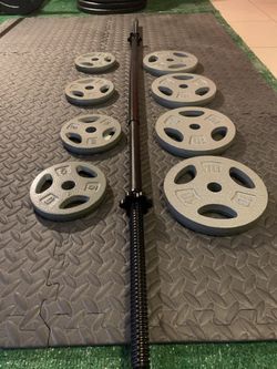 STANDARD GYM SET: (1) STRAIGHT BAR, (4) 10 LB PLATES, (4) 5 LB PLATES ALL NEW