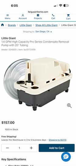 Little Giant 1.4 GPM High Capacity Pro Series Condensate Removal Pump with 20' Tubing Model: 554650 | Item: bci(contact info removed)