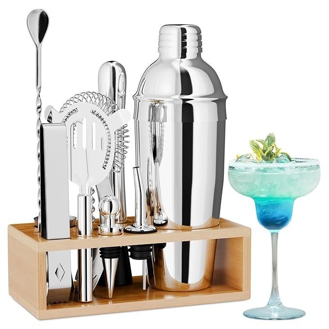 Bartender Kit with Stand – Stainless Steel Mixed Drink Shaker Set with 10 Accessories, Easy to Clean Bar Tool Set | Wooden Organizer