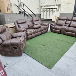 Super Deal 3 Pcs Sofa Set Glidder Recliner Brown Breatheble Fabric Storage Cup Holder & Trade W Cup Holder $1199  