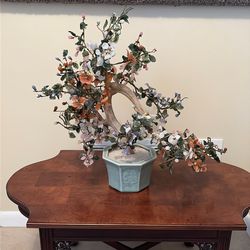 Vintage Chinese Jade & Semi Precious Stone Tree 24"  In Celedon Pot China EXC