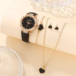 5-pcs/Set Elegant Rhinestone Quartz Women's Watch With Hearts Jewelry Set