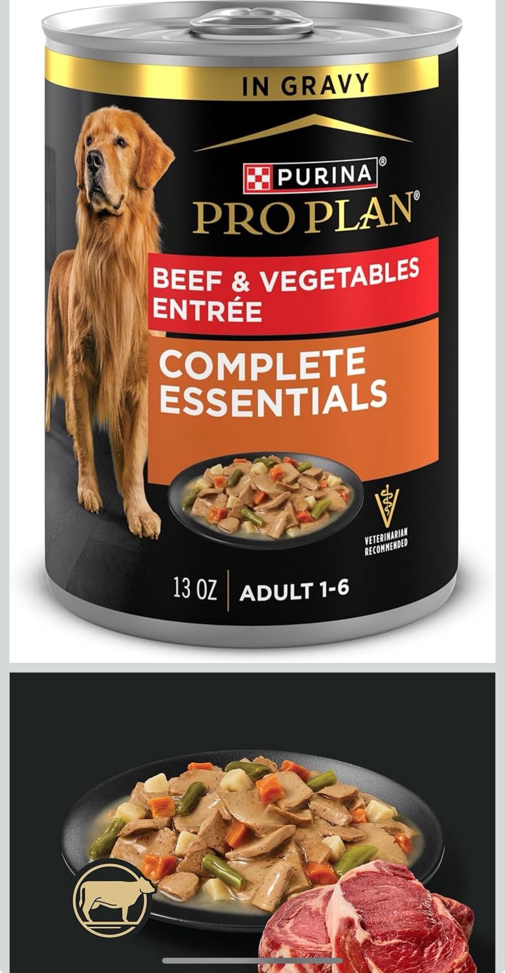 New Purina Pro Plan Complete Essentials, Beef and Vegetables Entree in Wet Dog Food Gravy - (Pack of 12) 13 oz. Cans