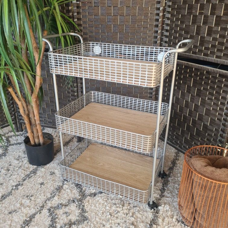 3-Tier Utility Cart w/Metal Frame & Wooden Shelves