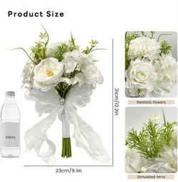 Wedding Bouquet with Pearl Crystals Ribbons, White Artificial Peony Flower for Bride Bridesmaids, Artificial Fake Flowers Bouquet for Wedding Party Ch