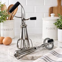 2 Vintage Hand Crank Egg Beaters Rotary Mixers Black Handles Farmhouse Decor