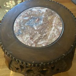 Vintage Wooden Carved Pedestal Table   Great Detail  W/marble  Top