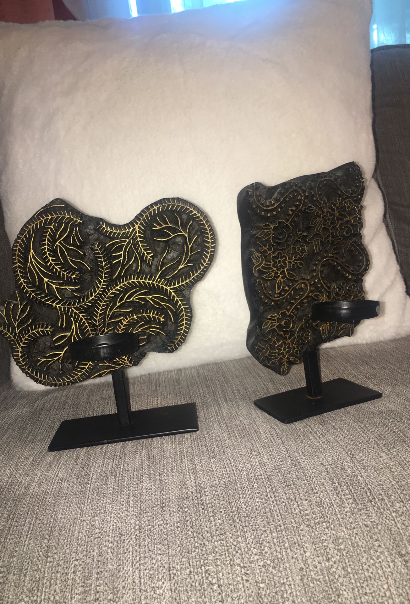 Two cute real wood with cast iron candle holders