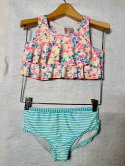 RuffleButts Girls Two Piece Swimsuit Floral Heart Stripe Ruffle Tankini Size 7