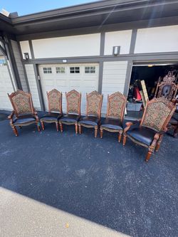 AICO Michael Amini Villa Valencia Dining Chairs – Set of 6 – Ornate Carved Wood & Leather