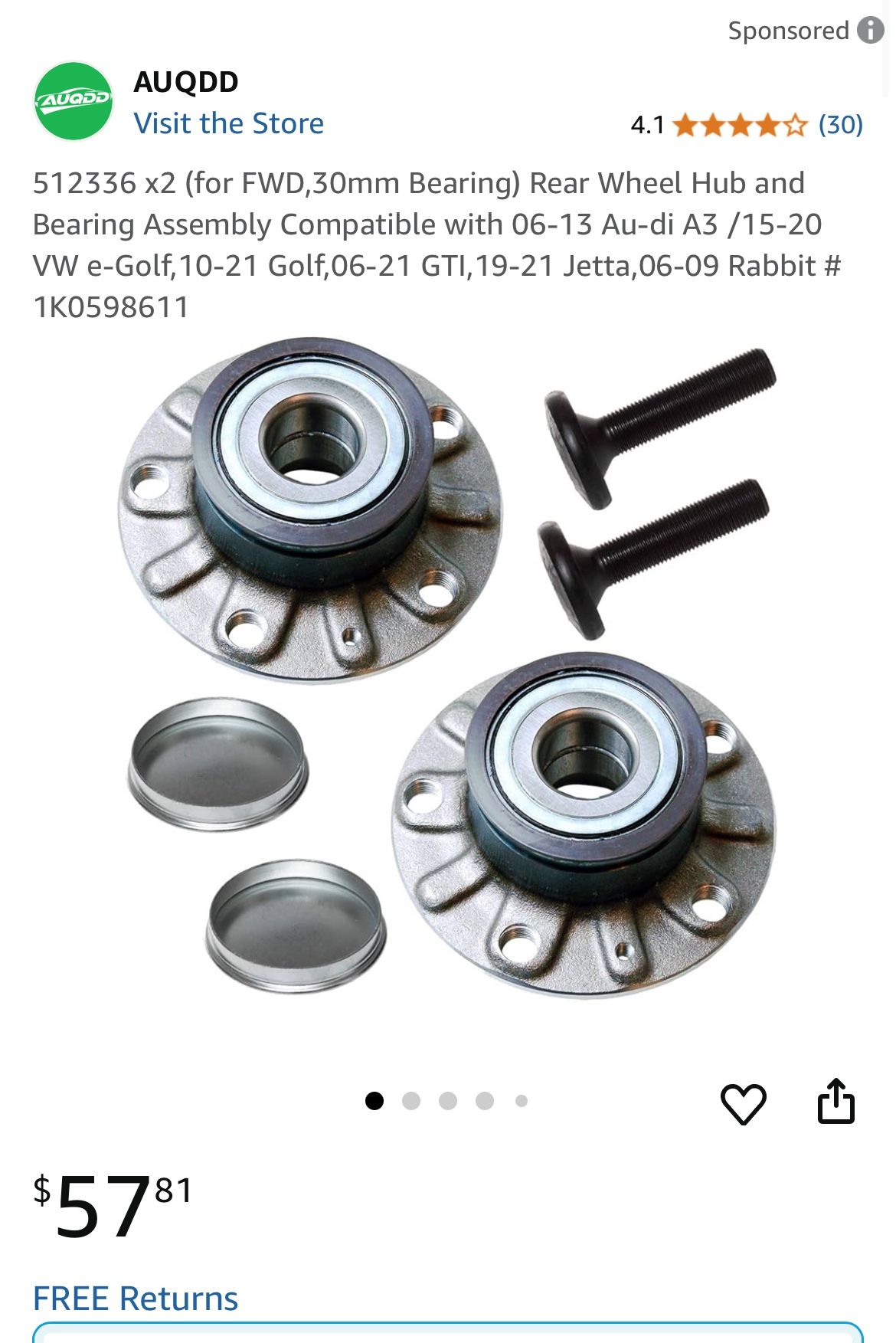 512336 x2 (for FWD,30mm Bearing) Rear Wheel Hub and Bearing Assembly Compatible with 06-13 Au-di A3 /15-20 VW e-Golf, 10-21 Golf,06-21 GTI, 19-21 Jett