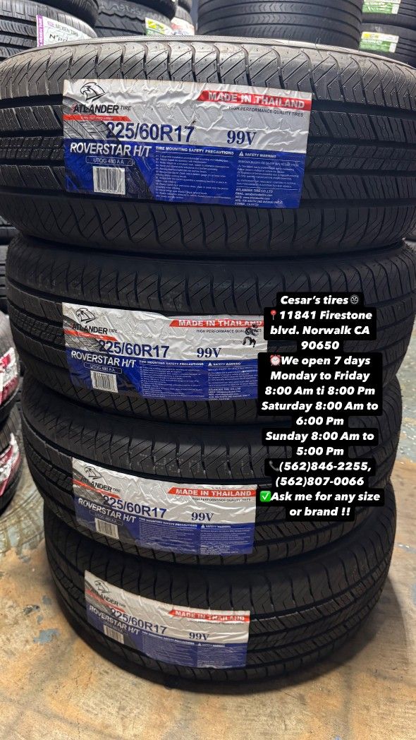 225/60R17 ATLANDER A SET OF FOUR NEW TIRES INCLUDES MOUNTING AND BALANCING WITH WARRANTY ASK ME FOR ANY SIZE OR BRAND WE HAVE THE BEST PRICES!!