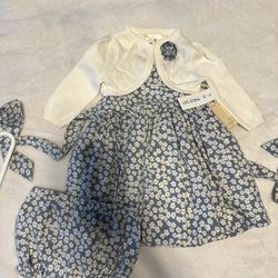 12M baby toddler girl’s 3 piece cardigan, bottoms and dress floral white blue NEW 