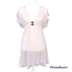 Becca by Rebecca Virtue Cream/Gold Crochet Plunge Neck Tunic Swim Cover-Up