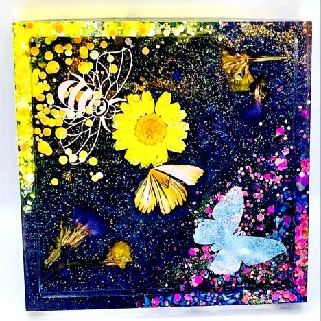 Holographic Bee Butterfly Real Flowers Yellow Purple Incense Burner Soap Dish Tray
