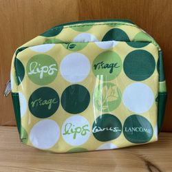 Lancome Green/Yellow Wrap Around Zip Square Cosmetic Travel Makeup Bag Pouch