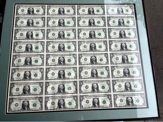 Framed 1993 Uncut Sheet of U.S. Dollar Bills / 32 Bills