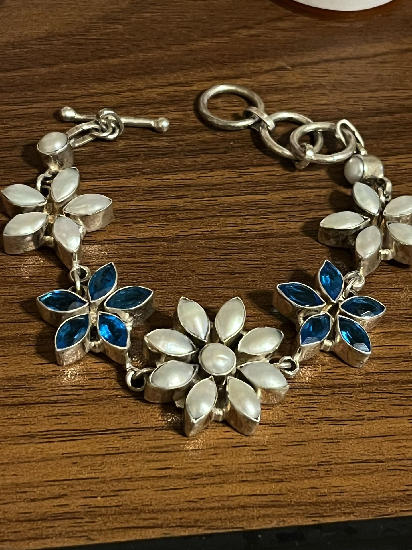Pearl & Gemstone In Silver  Flower Bracelet